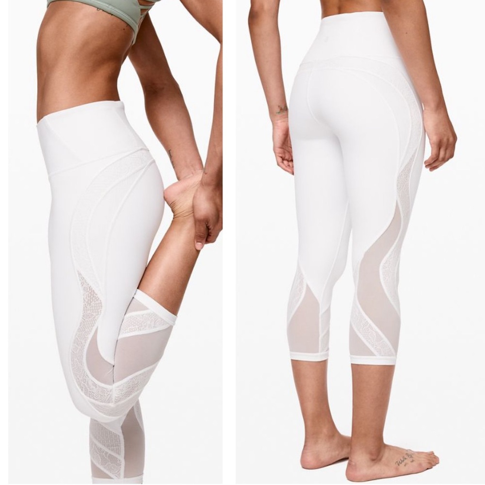 Lululemon White Lace Panels Wunder Under HR Crop 21" Yoga Athletic Legging Sz 6